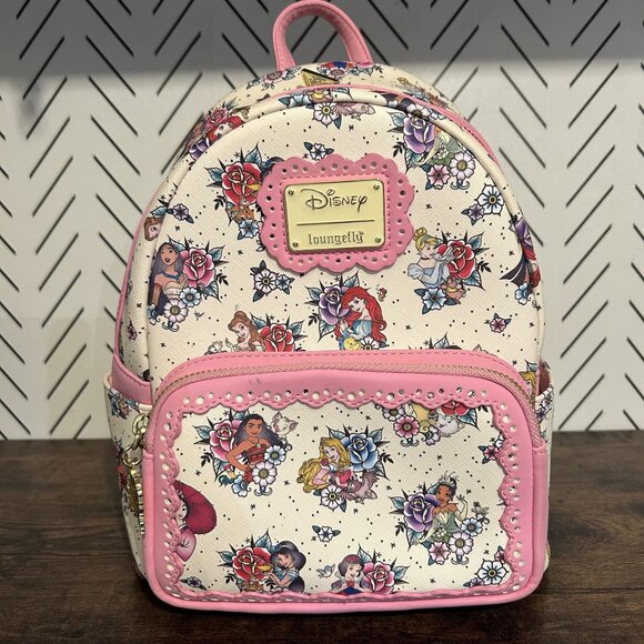 NWOT Loungefly Disney Princess Floral Tattoo Mini Backpack Roses Pink Limited - Picture 2 of 16